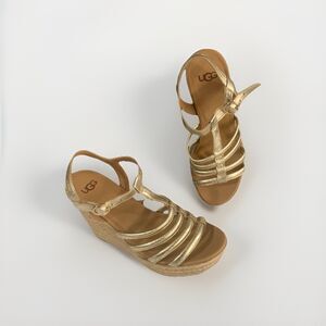 UGG Cressida Platform Wedge Sandal Gold Metallic Strappy Boho Womens 6 Comfort